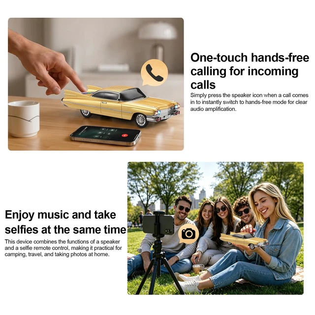 Alt view image 4 of 7 - WSTER WS-730 Retro Tailfin Coupe Bluetooth Speaker with Display (Gold) | Retro Tailfin Coupe Design, Display Screen & LED Lights, TWS Stereo & FM Radio, USB/TF Playback, Built-In Mic