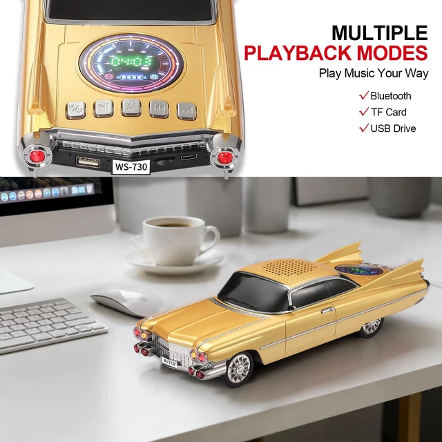 Alt view image 6 of 7 - WSTER WS-730 Retro Tailfin Coupe Bluetooth Speaker with Display (Gold) | Retro Tailfin Coupe Design, Display Screen & LED Lights, TWS Stereo & FM Radio, USB/TF Playback, Built-In Mic
