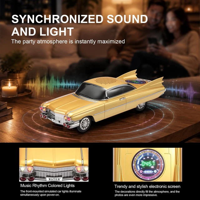 Alt view image 7 of 7 - WSTER WS-730 Retro Tailfin Coupe Bluetooth Speaker with Display (Gold) | Retro Tailfin Coupe Design, Display Screen & LED Lights, TWS Stereo & FM Radio, USB/TF Playback, Built-In Mic