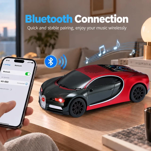 Alt view image 3 of 7 - WSTER WS-660 Hypercar Bluetooth Speaker with Starry Display (Red) | Hypercar Design, Starry Display & LED Lights, HD Sound & TWS Stereo, FM/USB/TF Playback, Built-In Mic