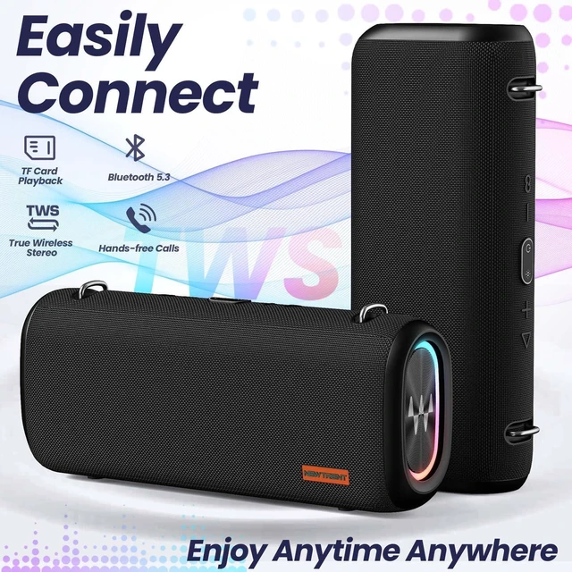 Alt view image 5 of 7 - New Trent Vibe Pro Outdoor Bluetooth Speaker, 80W Peak Loud Portable Wireless Speaker, Waterproof IPX65, Deep Bass, RGB Lights, Studio Quality Sound Powered by Waves Audio, Party & Pool Ready (Black)