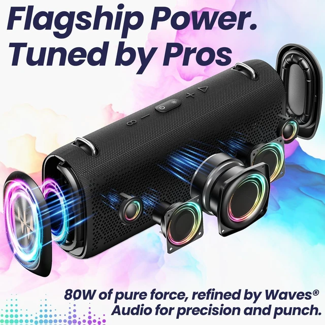 Alt view image 4 of 7 - New Trent Vibe Pro Outdoor Bluetooth Speaker, 80W Peak Loud Portable Wireless Speaker, Waterproof IPX65, Deep Bass, RGB Lights, Studio Quality Sound Powered by Waves Audio, Party & Pool Ready (Black)