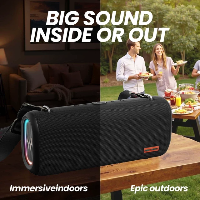 Alt view image 3 of 7 - New Trent Vibe Pro Outdoor Bluetooth Speaker, 80W Peak Loud Portable Wireless Speaker, Waterproof IPX65, Deep Bass, RGB Lights, Studio Quality Sound Powered by Waves Audio, Party & Pool Ready (Black)