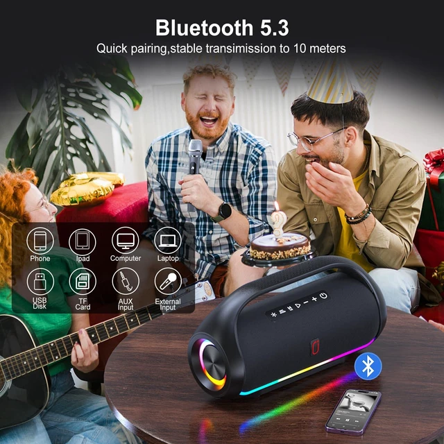 Alt view image 4 of 7 - HWWR Portable Bluetooth Speaker with 2 Wireless Microphones, Loud Portable Speakers System, Deep Bass, Echo & Vocal Cut, IPX5 Water Resistant Outdoor Party PA Audio for Adults Kids Home Singing
