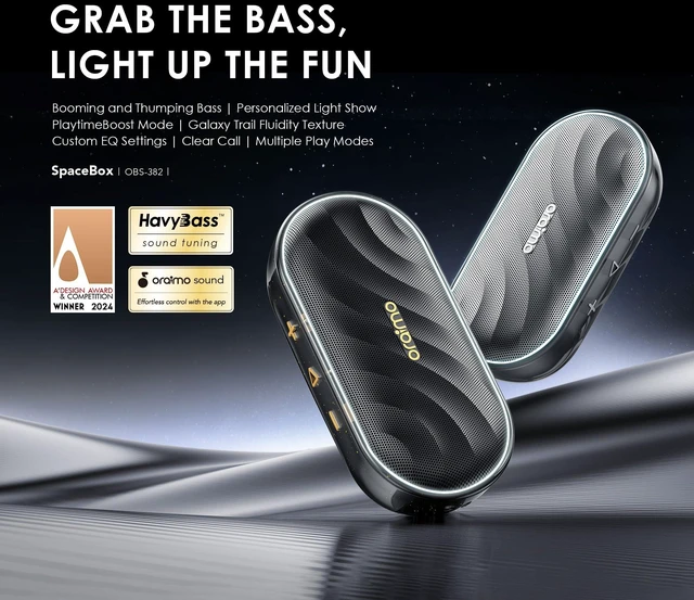 Alt view image 2 of 7 - Oraimo SpaceBox Bluetooth Speaker, Portable Wireless Speakers with Heavy Bass, Bluetooth 5.4, LED Light, Exclusive App, 3 EQ Modes Small Wireless Speaker for Home Outdoor, Black