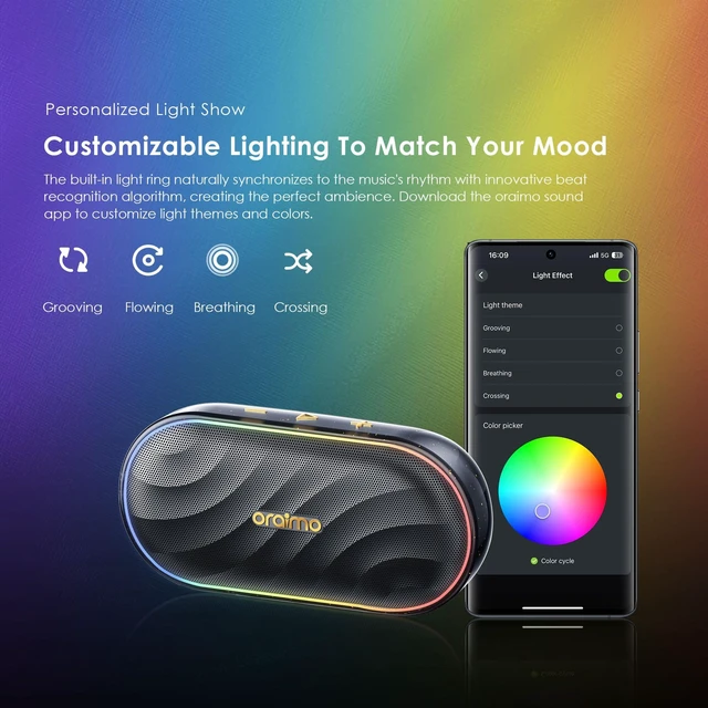 Alt view image 4 of 7 - Oraimo SpaceBox Bluetooth Speaker, Portable Wireless Speakers with Heavy Bass, Bluetooth 5.4, LED Light, Exclusive App, 3 EQ Modes Small Wireless Speaker for Home Outdoor, Black