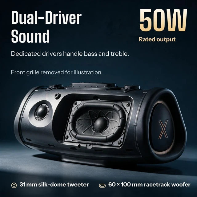 Alt view image 2 of 7 - YEAHBOX Sonic Boom POP Bluetooth Speaker, 50W Rated, IPX6, Black | 715 g speaker body; dual drivers; approx. 10 h at 30% volume; Bluetooth 5.3, USB drive, TF card and AUX; dual-sided RGB.