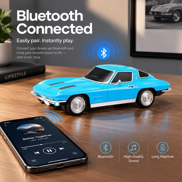 Alt view image 3 of 7 - WSTER WS-1969 Classic Sports Coupe Bluetooth Speaker (Blue) | Classic Sports Coupe Design, HD Sound & TWS Stereo, FM Radio & USB/TF Playback, LED Lights, Built-In Mic