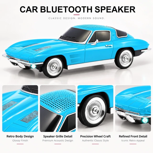 Alt view image 2 of 7 - WSTER WS-1969 Classic Sports Coupe Bluetooth Speaker (Blue) | Classic Sports Coupe Design, HD Sound & TWS Stereo, FM Radio & USB/TF Playback, LED Lights, Built-In Mic