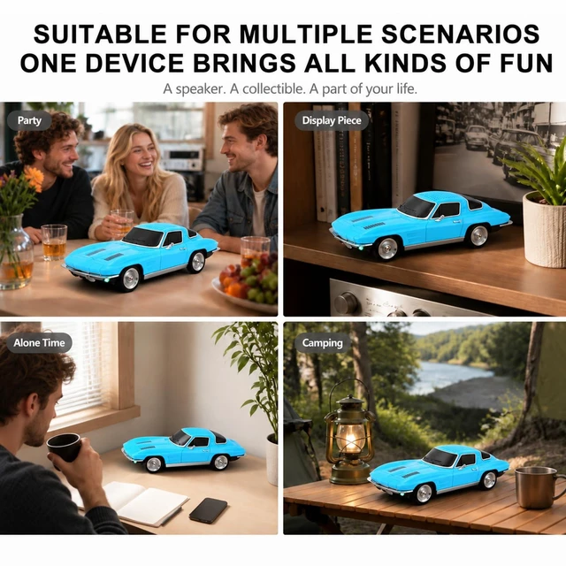 Alt view image 7 of 7 - WSTER WS-1969 Classic Sports Coupe Bluetooth Speaker (Blue) | Classic Sports Coupe Design, HD Sound & TWS Stereo, FM Radio & USB/TF Playback, LED Lights, Built-In Mic