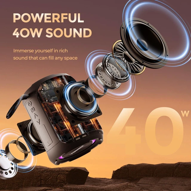 Alt view image 2 of 6 - YEAHBOX Portable Bluetooth Speaker, Bluetooth 5.3 40W Wireless Stereo with Deep Bass, RGB Lights, IPX7 Waterproof, Long-Lasting Battery, TWS Pairing for Outdoor, Party, Shower & Home