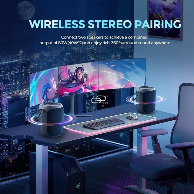 Alt view image 4 of 6 - YEAHBOX Portable Bluetooth Speaker, Bluetooth 5.3 40W Wireless Stereo with Deep Bass, RGB Lights, IPX7 Waterproof, Long-Lasting Battery, TWS Pairing for Outdoor, Party, Shower & Home