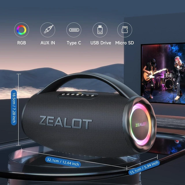 Alt view image 4 of 7 - ZEALOT Bluetooth Speaker Wireless, 100W Peak Loud Portable Outdoor Speakers | 80W RMS Party Speaker, IPX6 Waterproof, Deep Bass, 24H Playtime, EQ, USB, AUX, TF Card Input, Stereo Pairing, RGB Light