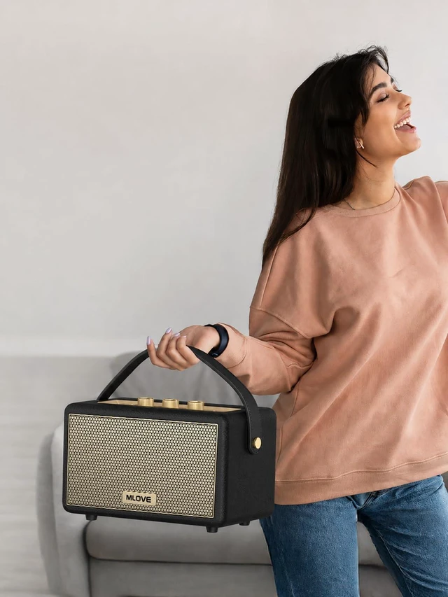 Alt view image 4 of 5 - MLOVE A200 Portable Retro Bluetooth Speaker with Aux Input, USB Port, Micro SD Card Slot - Decorative Wireless Bookshelf Speakers Battery Powered, House Warming Gifts for New Home, Black and Gold