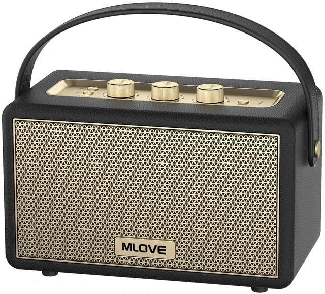 Main image of MLOVE A200 Portable Retro Bluetooth Speaker with Aux Input, USB Port, Micro SD Card Slot - Decorative Wireless Bookshelf Speakers Battery Powered, House Warming Gifts for New Home, Black and Gold