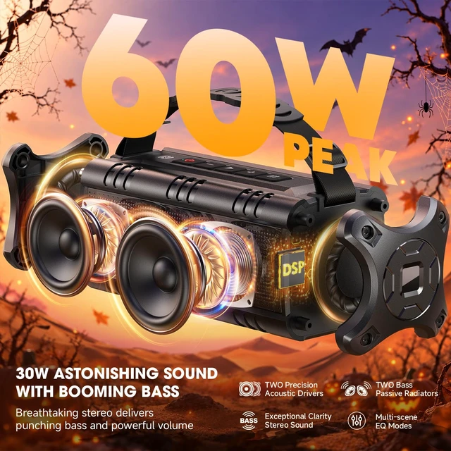 Alt view image 2 of 7 - Portable Bluetooth Speaker Loud Wireless 60W Peak Waterproof Outdoor | IPX6 Rugged Floating Shower Boombox, 24H Playtime, EQ, 2 Pair, AUX TF USB Playback, 30W Powerful Bass for Party Camping Pool
