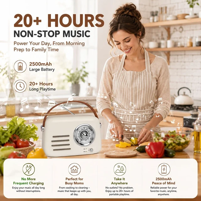 Alt view image 2 of 7 - adoobox Vintage FM Bluetooth Radio Speaker,20+ Hours Playback Time,Beige | Retro Radio Bluetooth Speaker with Soft Handle,Powerfull Sound,Support AUX/USB for Bedroom,Living Room,Office,kitchen