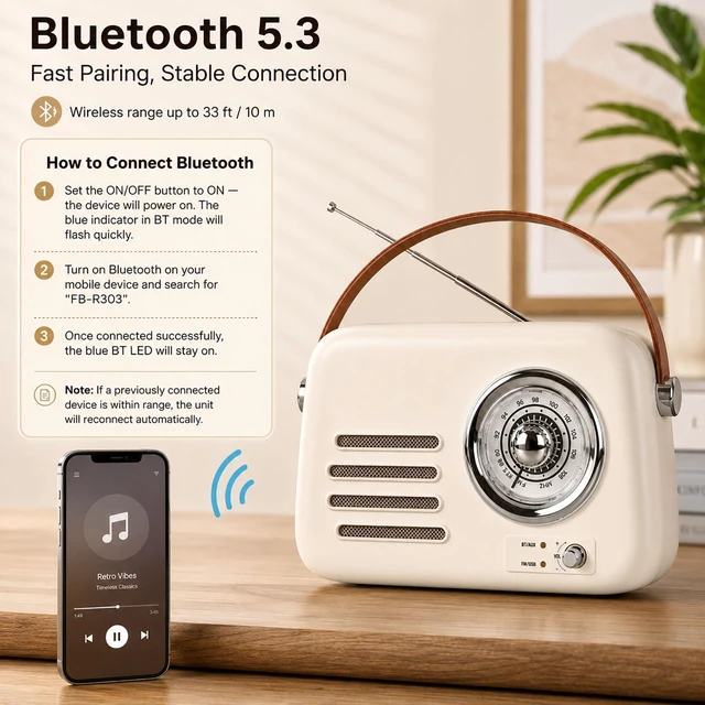 Alt view image 3 of 7 - adoobox Vintage FM Bluetooth Radio Speaker,20+ Hours Playback Time,Beige | Retro Radio Bluetooth Speaker with Soft Handle,Powerfull Sound,Support AUX/USB for Bedroom,Living Room,Office,kitchen