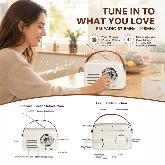 Alt view image 5 of 7 - adoobox Vintage FM Bluetooth Radio Speaker,20+ Hours Playback Time,Beige | Retro Radio Bluetooth Speaker with Soft Handle,Powerfull Sound,Support AUX/USB for Bedroom,Living Room,Office,kitchen