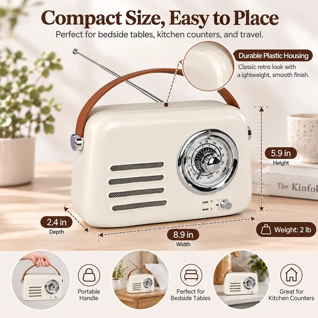 Alt view image 6 of 7 - adoobox Vintage FM Bluetooth Radio Speaker,20+ Hours Playback Time,Beige | Retro Radio Bluetooth Speaker with Soft Handle,Powerfull Sound,Support AUX/USB for Bedroom,Living Room,Office,kitchen