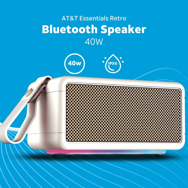 Alt view image 2 of 7 - AT&T Essentials Retro 40W Bluetooth Speaker, IPX6 Waterproof, Bluetooth 5.3, LED Light Modes, Bass & Treble Control, 12H Battery, USB-C Charging, Outdoor & Indoor Use, Home Audio System - Cream