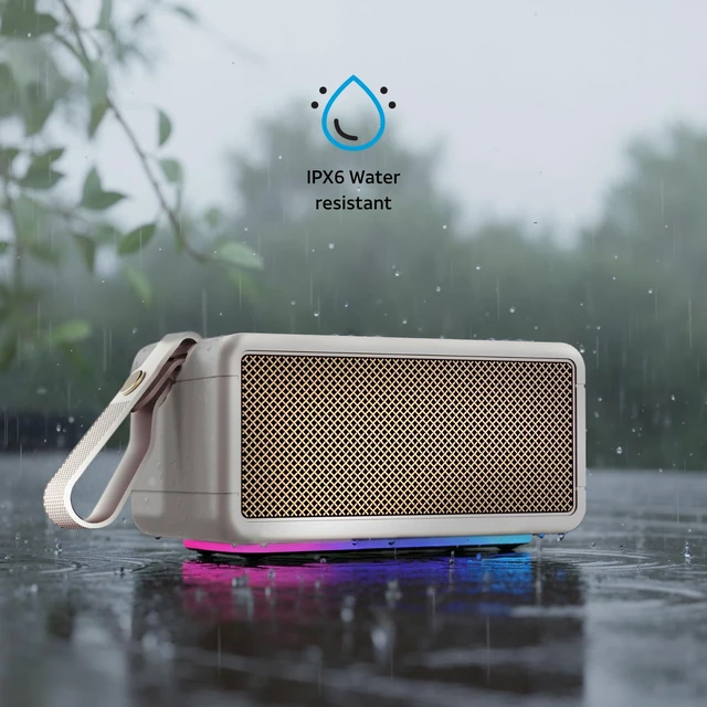 Alt view image 6 of 7 - AT&T Essentials Retro 40W Bluetooth Speaker, IPX6 Waterproof, Bluetooth 5.3, LED Light Modes, Bass & Treble Control, 12H Battery, USB-C Charging, Outdoor & Indoor Use, Home Audio System - Cream