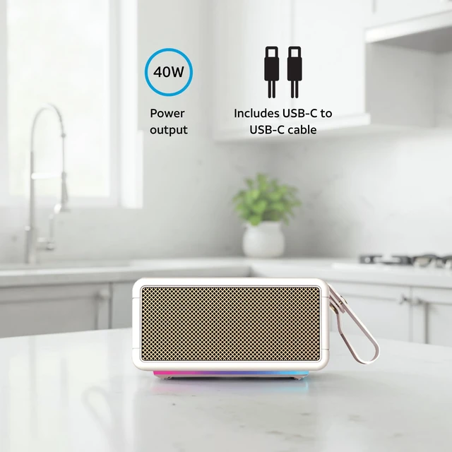 Alt view image 5 of 7 - AT&T Essentials Retro 40W Bluetooth Speaker, IPX6 Waterproof, Bluetooth 5.3, LED Light Modes, Bass & Treble Control, 12H Battery, USB-C Charging, Outdoor & Indoor Use, Home Audio System - Cream