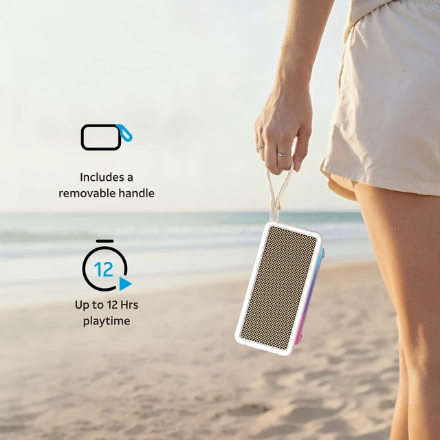 Alt view image 7 of 7 - AT&T Essentials Retro 40W Bluetooth Speaker, IPX6 Waterproof, Bluetooth 5.3, LED Light Modes, Bass & Treble Control, 12H Battery, USB-C Charging, Outdoor & Indoor Use, Home Audio System - Cream