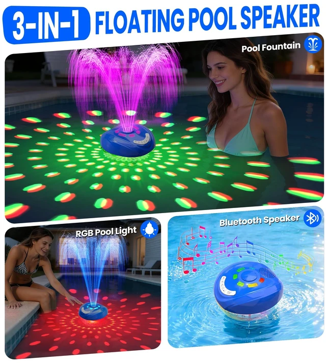 Alt view image 2 of 7 - FluSing 3 in 1 Bluetooth Pool Speaker with Fountain,Rechargeable Speaker | IP68 Waterproof, BT5.4, for Above Ground Hot Tub, Typy-C Charge,LED Lights,for Pool/Party/Home/Ourtdoor/Beach/Camping/Travel