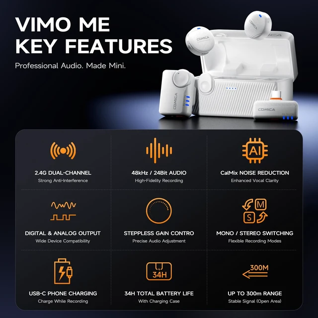 Alt view image 2 of 7 - COMICA Vimo Me Mini Wireless Lavalier Microphone for Camera & USB C Phone | Magnetic Lapel Mic, 48kHz/24-Bit Audio, AI Noise Cancellation, 34H Battery & 984ft Range, Mic for Youtube Stream Vlog(White)