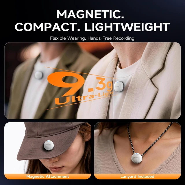 Alt view image 6 of 7 - COMICA Vimo Me Mini Wireless Lavalier Microphone for Camera & USB C Phone | Magnetic Lapel Mic, 48kHz/24-Bit Audio, AI Noise Cancellation, 34H Battery & 984ft Range, Mic for Youtube Stream Vlog(White)