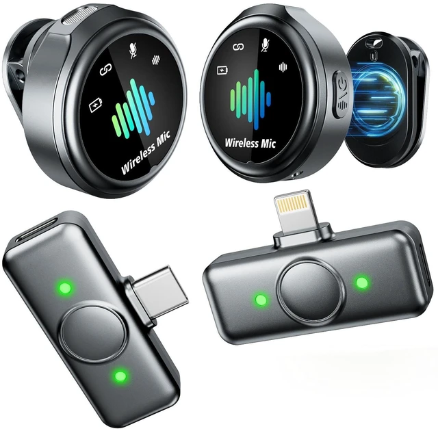 Main image of Wireless Lavalier Microphone with Charging Case and LED Display zz | Dual Transmitters, USB-C & Lightning, Noise Cancellation, Clip-On Design, for iPhone & Android