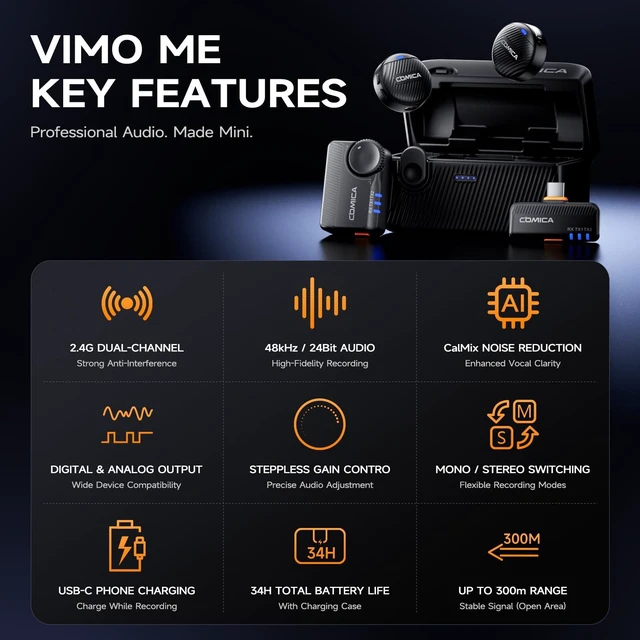 Alt view image 2 of 7 - COMICA Vimo Me Mini Wireless Lavalier Microphone for Camera & USB C Phone | Magnetic Lapel Mic, 48kHz/24-Bit Audio, AI Noise Cancellation, 34H Battery & 984ft Range, Mic for Youtube Video Stream Vlog