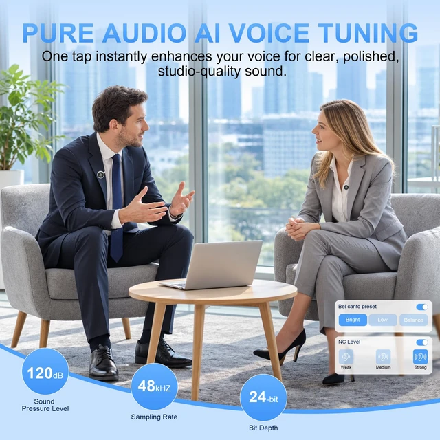 Alt view image 3 of 7 - Alta Calidad Mini Wireless Lavalier Microphone for iPhone iPad Android, Dual Channel Lapel Mic, DPS Noise Reduction, Mute & Volume Control, 33H Charging Case, USB-C Lightning Plug & Play
