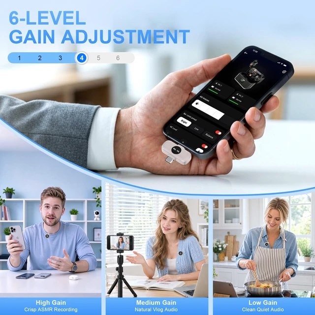 Alt view image 4 of 7 - Alta Calidad Mini Wireless Lavalier Microphone for iPhone iPad Android, Dual Channel Lapel Mic, DPS Noise Reduction, Mute & Volume Control, 33H Charging Case, USB-C Lightning Plug & Play