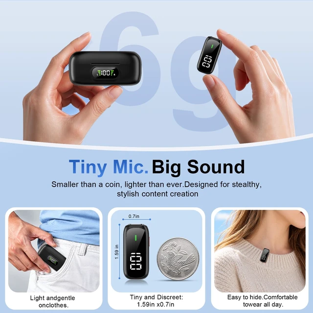 Alt view image 2 of 7 - Alta Calidad Mini Wireless Lavalier Microphone for iPhone iPad Android, Dual Channel Lapel Mic with DPS Noise Cancellation, Mute & Volume Control, 24H Charging Case, USB-C Lightning Plug & Play