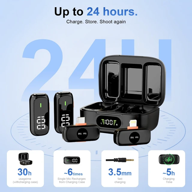 Alt view image 7 of 7 - Alta Calidad Mini Wireless Lavalier Microphone for iPhone iPad Android, Dual Channel Lapel Mic with DPS Noise Cancellation, Mute & Volume Control, 24H Charging Case, USB-C Lightning Plug & Play