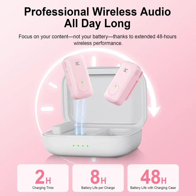 Alt view image 3 of 7 - EX Wireless Lavalier Microphone System, Dual Clip-On Mics + Charging Case, 164ft Range Plug-and-Play for iPhone/Android, Advanced Noise Reduction, 48H Runtime-Video Recording, TikTok, YouTube, Pink
