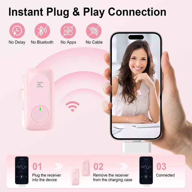 Alt view image 6 of 7 - EX Wireless Lavalier Microphone System, Dual Clip-On Mics + Charging Case, 164ft Range Plug-and-Play for iPhone/Android, Advanced Noise Reduction, 48H Runtime-Video Recording, TikTok, YouTube, Pink