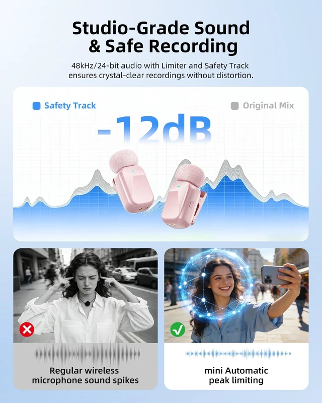 Alt view image 5 of 7 - Blinfada mini 2 Wireless Lavalier Microphones for iPhone 16/17 & Android, AI Noise Cancellation, App Control, 30H Battery with Charging Case, Lapel Microphone Wireless for Video Pink
