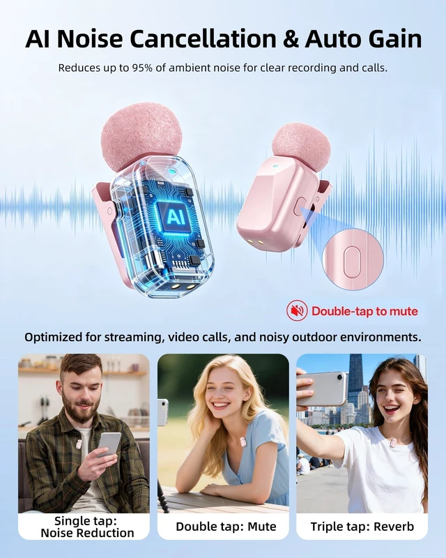 Alt view image 7 of 7 - Blinfada mini 2 Wireless Lavalier Microphones for iPhone 16/17 & Android, AI Noise Cancellation, App Control, 30H Battery with Charging Case, Lapel Microphone Wireless for Video Pink