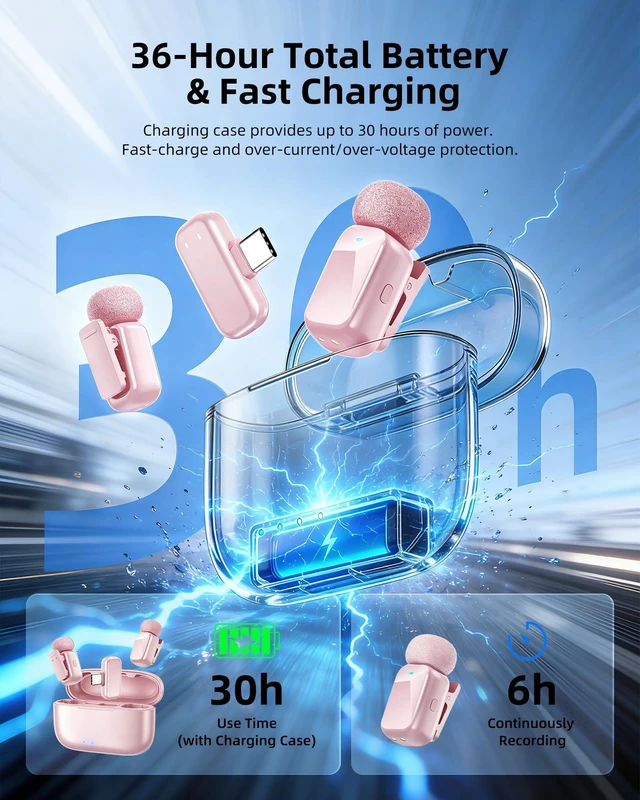 Alt view image 4 of 7 - Blinfada mini 2 Wireless Lavalier Microphones for iPhone 16/17 & Android, AI Noise Cancellation, App Control, 30H Battery with Charging Case, Lapel Microphone Wireless for Video Pink