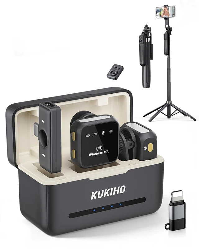 Main image of Wireless Lavalier Microphone for iPhone iPad Android with Tripod Stand | Wireless Microphone Kit with Charging Case, Noise Cancellation, 80H Battery & Phone Tripod Stand & Selfie Stick