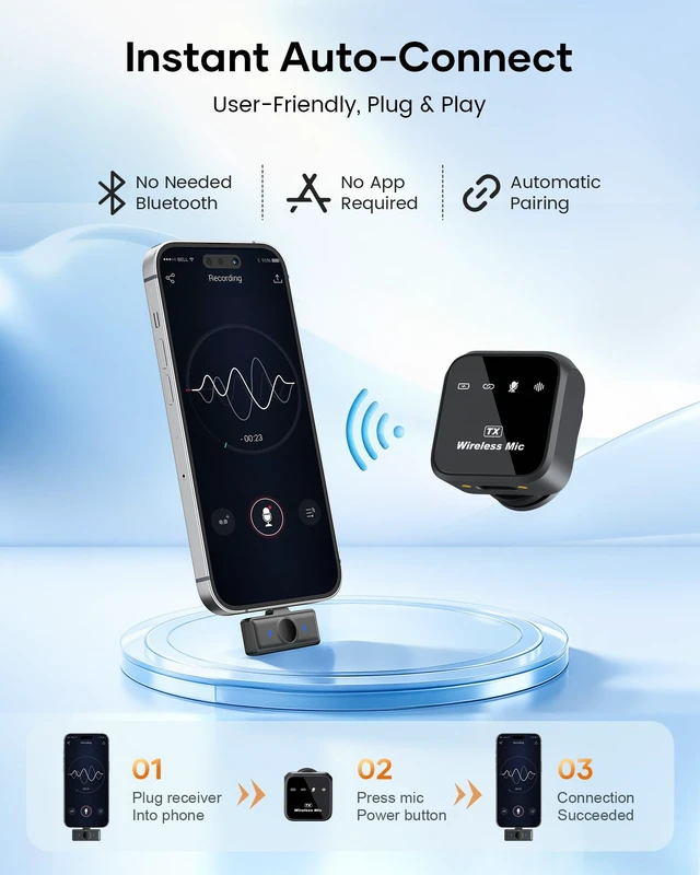 Alt view image 2 of 7 - Wireless Lavalier Microphone for iPhone iPad Android with Tripod Stand | Wireless Microphone Kit with Charging Case, Noise Cancellation, 80H Battery & Phone Tripod Stand & Selfie Stick