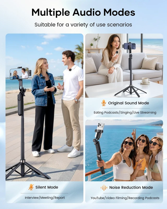 Alt view image 3 of 7 - Wireless Lavalier Microphone for iPhone iPad Android with Tripod Stand | Wireless Microphone Kit with Charging Case, Noise Cancellation, 80H Battery & Phone Tripod Stand & Selfie Stick