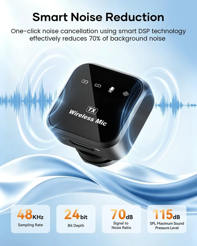 Alt view image 7 of 7 - Wireless Lavalier Microphone for iPhone iPad Android with Tripod Stand | Wireless Microphone Kit with Charging Case, Noise Cancellation, 80H Battery & Phone Tripod Stand & Selfie Stick