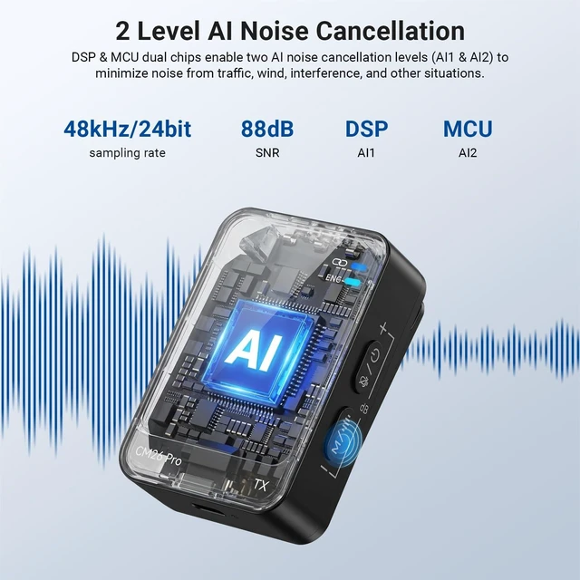 Alt view image 2 of 7 - NEEWER CM26 Pro AI Wireless Microphone Compatible with iPhone Android Phone Camera PC, Lavalier Lapel Mic DSP/MCU Noise Cancellation Mute Gain Low Cut 48KHz/24Bit 88dB SNR 50H Battery 100m Range