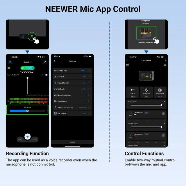 Alt view image 7 of 7 - NEEWER CM26 MAX AI Wireless Lavalier Microphone for Phone Camera PC | Compatible with iPhone 18 Pro 18 Pro Max 17 16 15 Android, USB C Lav Mic, App Control, 2 Level Noise Cancellation, 50h, 120m