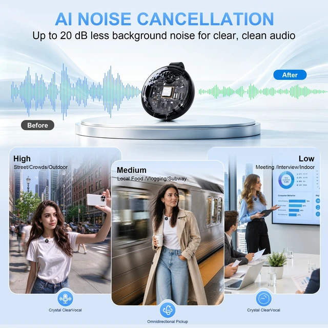 Alt view image 2 of 7 - Alta Calidad Mini Wireless Lavalier Microphone for iPhone iPad Android, Dual Channel Lapel Mic, DPS Noise Reduction, Mute & Volume Control, 33H Charging Case, USB-C Lightning Plug & Play