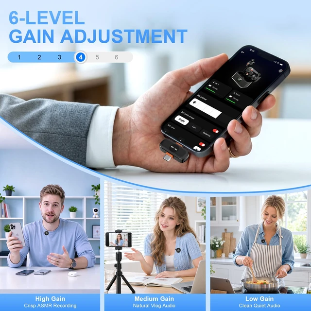 Alt view image 4 of 7 - Alta Calidad Mini Wireless Lavalier Microphone for iPhone iPad Android, Dual Channel Lapel Mic, DPS Noise Reduction, Mute & Volume Control, 33H Charging Case, USB-C Lightning Plug & Play